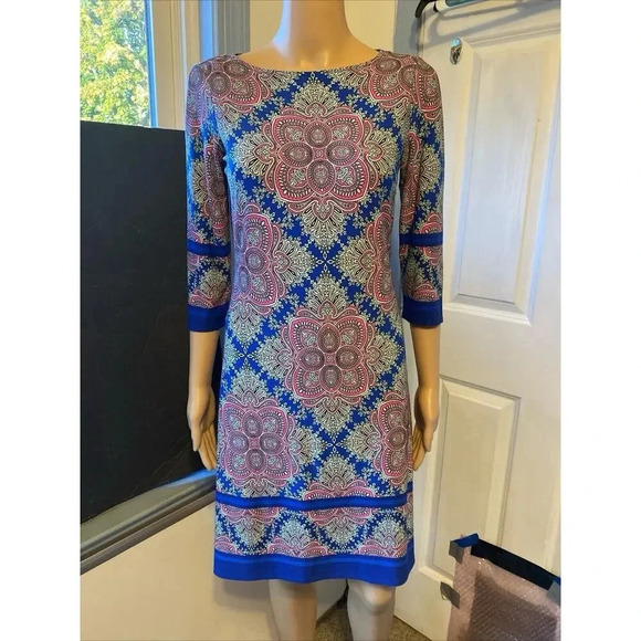 Wisp Women 4p 3/4 Sleeve Shift Dress Blue Geometric Presley Knees Length Comfort - Picture 8 of 8